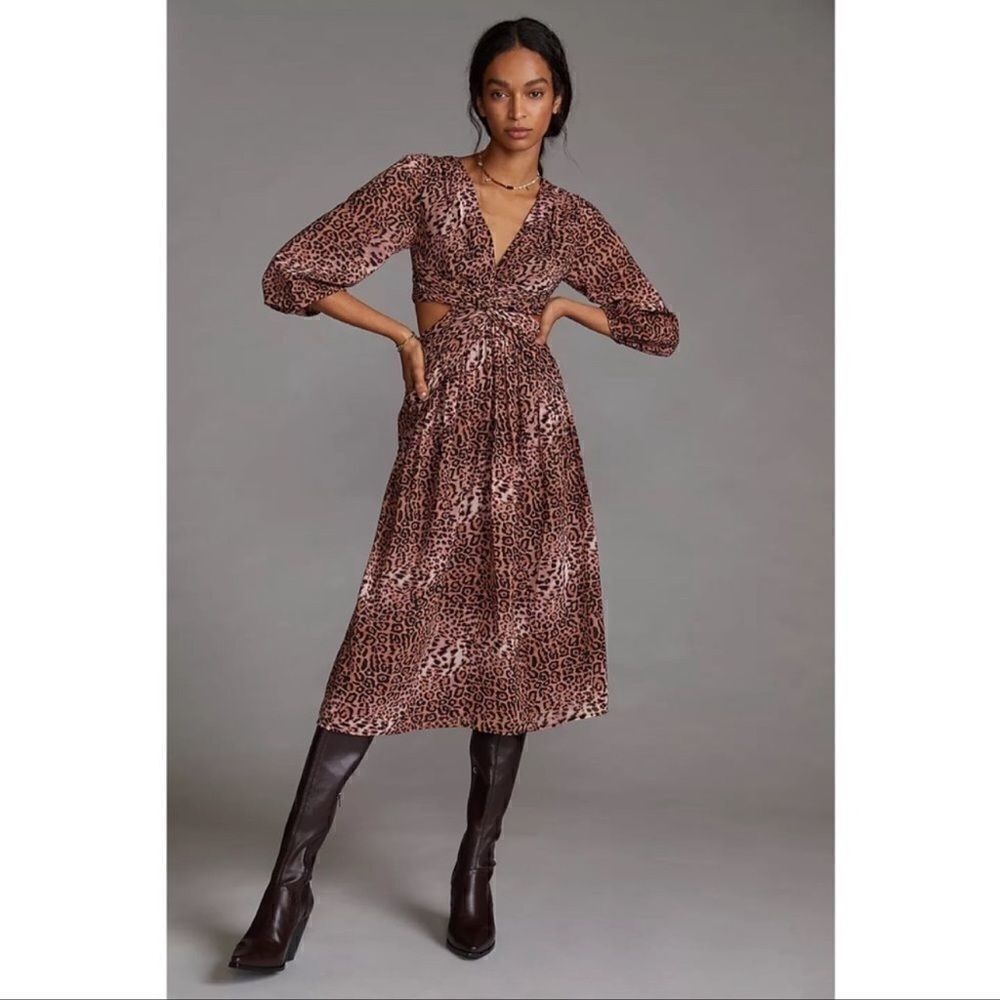 NWT Ranna Gill Anthropologie Floral Cutouts Leopard Print Midi Dress Size XS